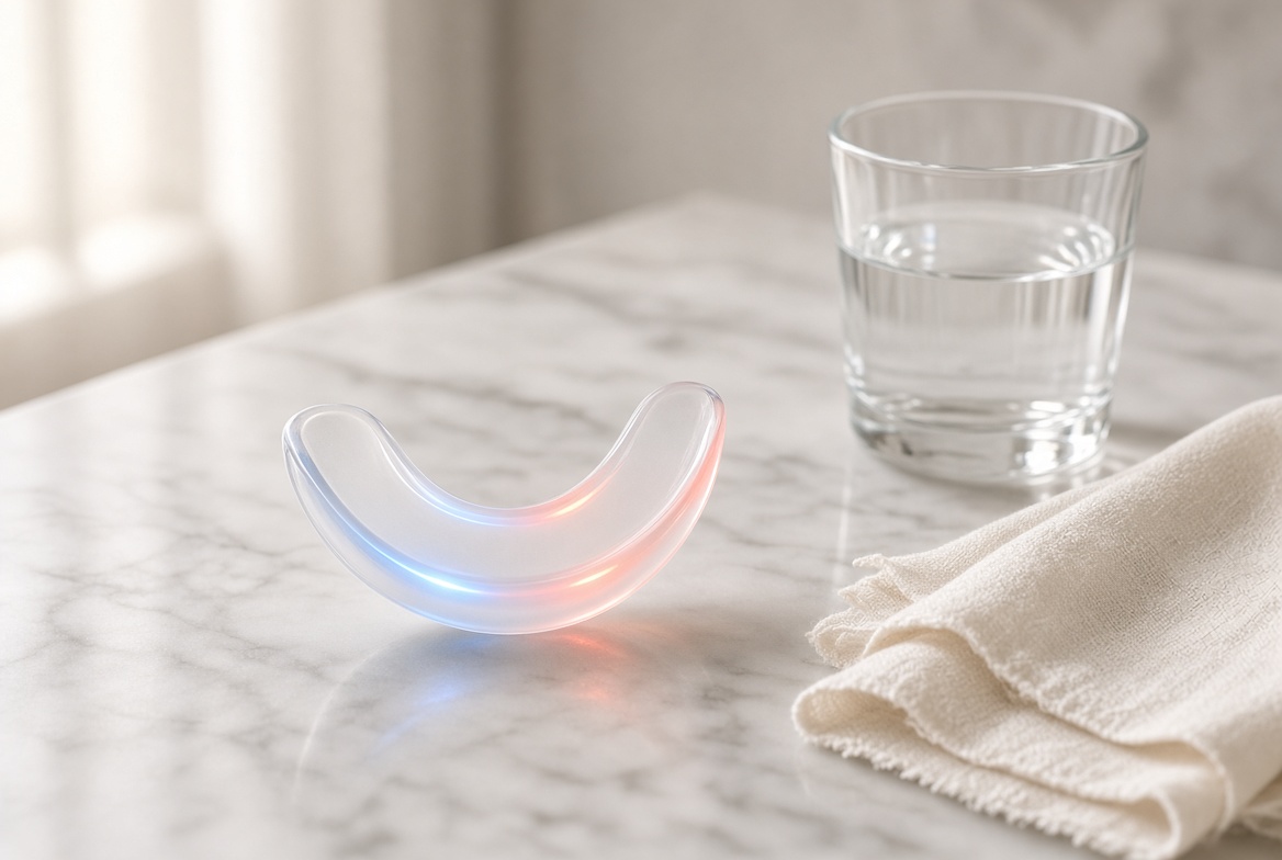 ILUMI dual-wavelength LED whitening tray glowing blue and red on a marble bathroom counter beside a glass of water