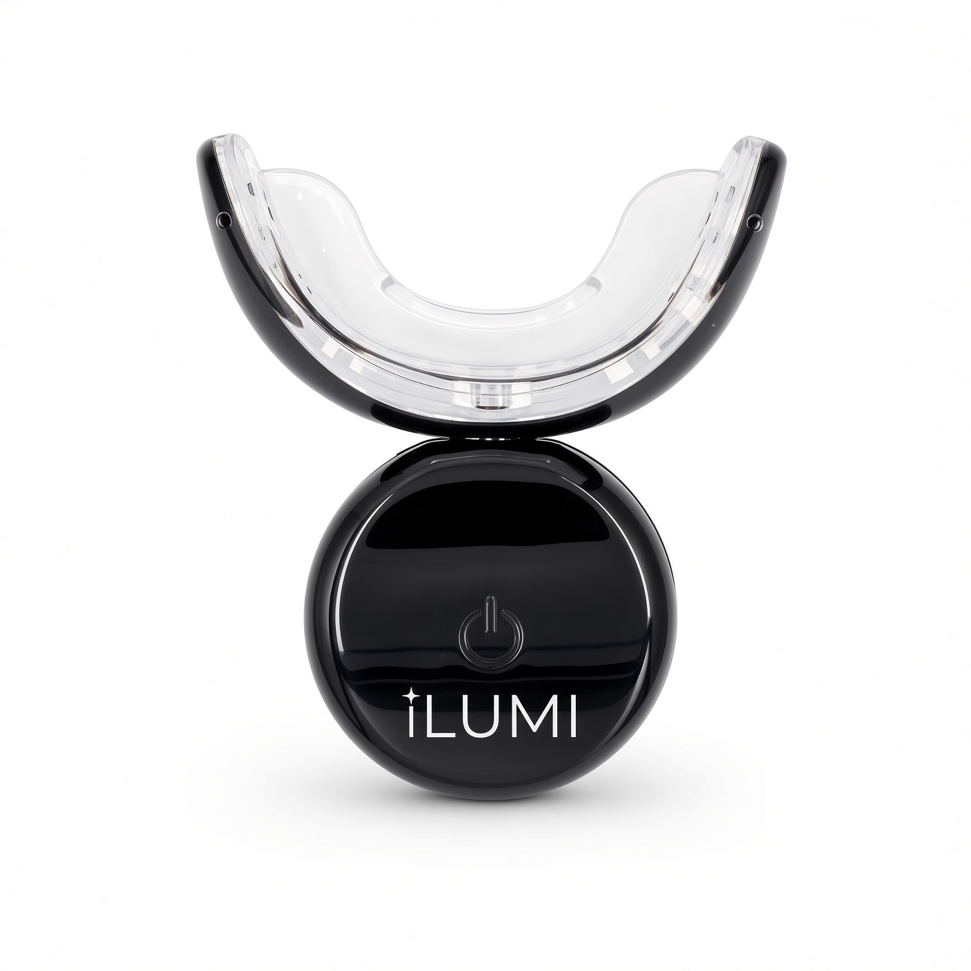 ILUMI dual-wavelength LED whitening mouthpiece and power base, close-up product shot