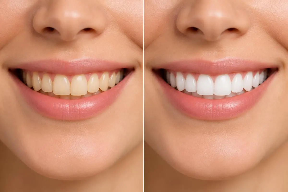 Illustration comparing stained teeth before whitening with a brighter smile after whitening