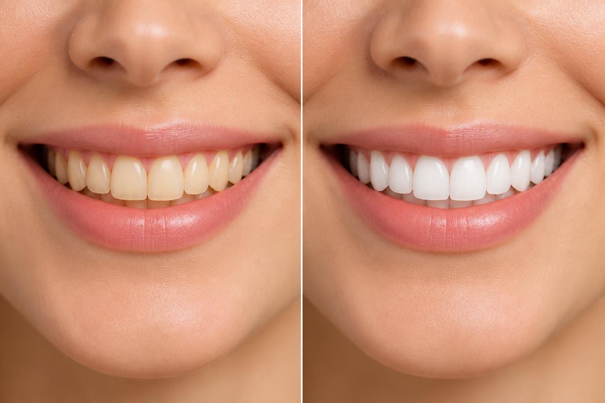 Illustration of teeth before and after a course of LED-activated peroxide whitening