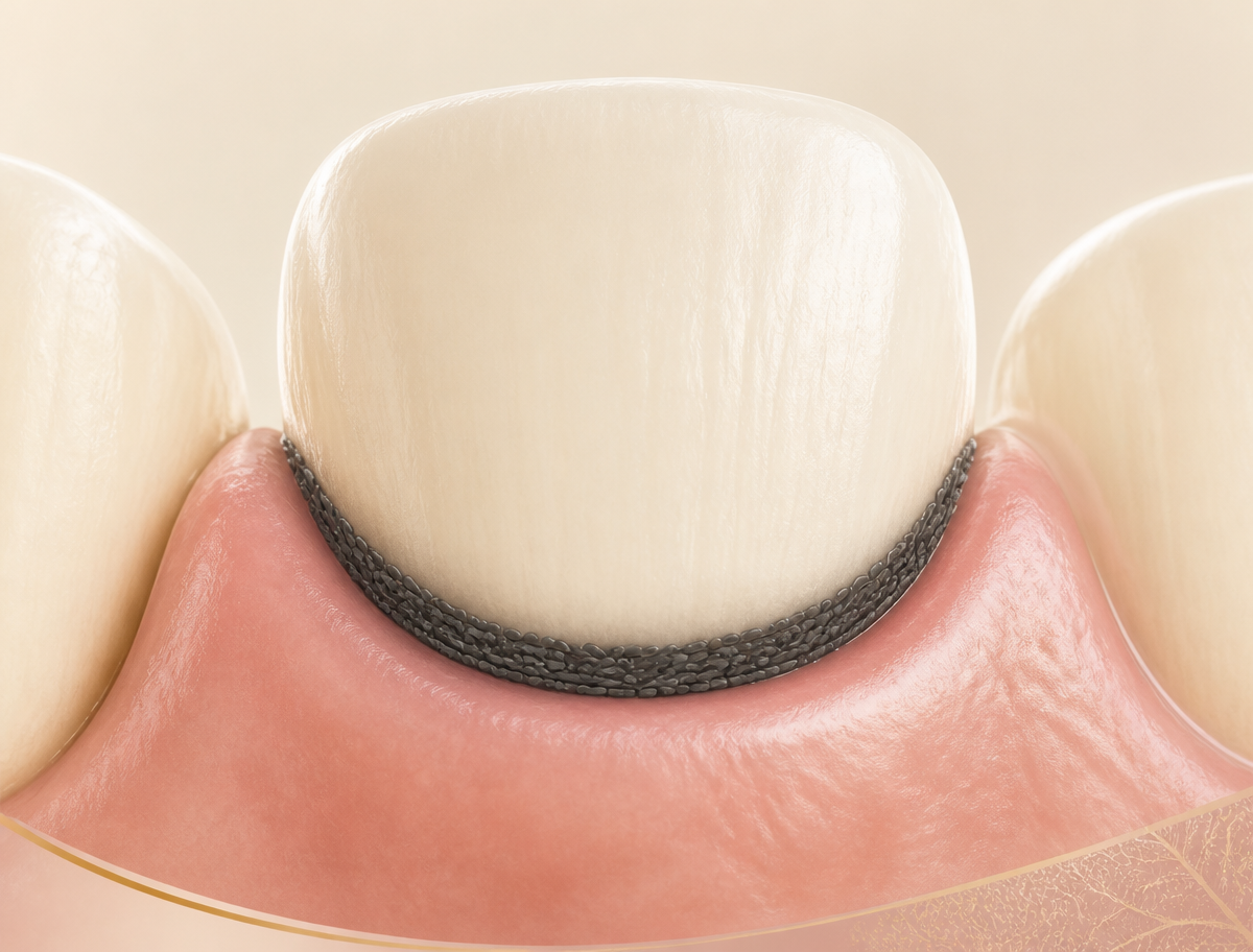Illustration of a dark chromogenic band along the gum margin of a tooth