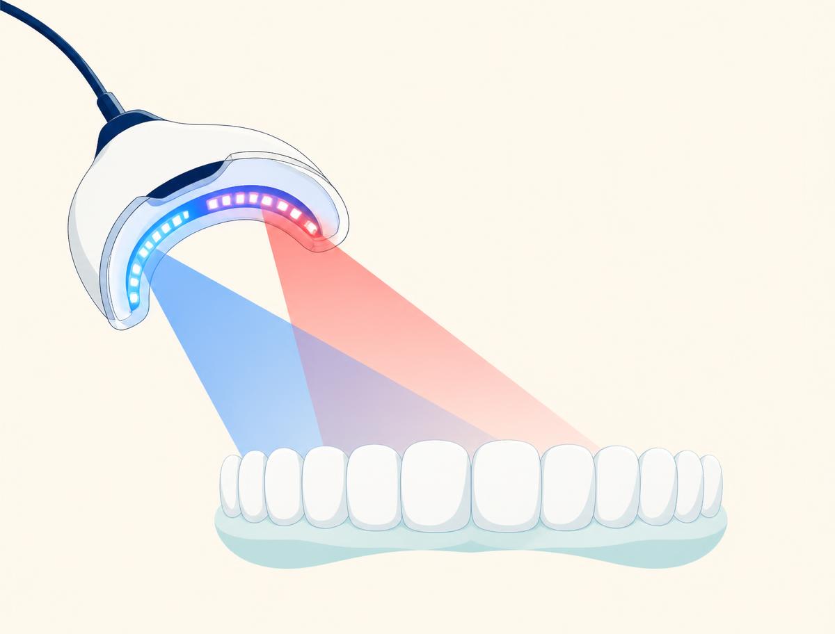 Diagram of an LED mouthpiece emitting overlapping blue and red light beams onto teeth
