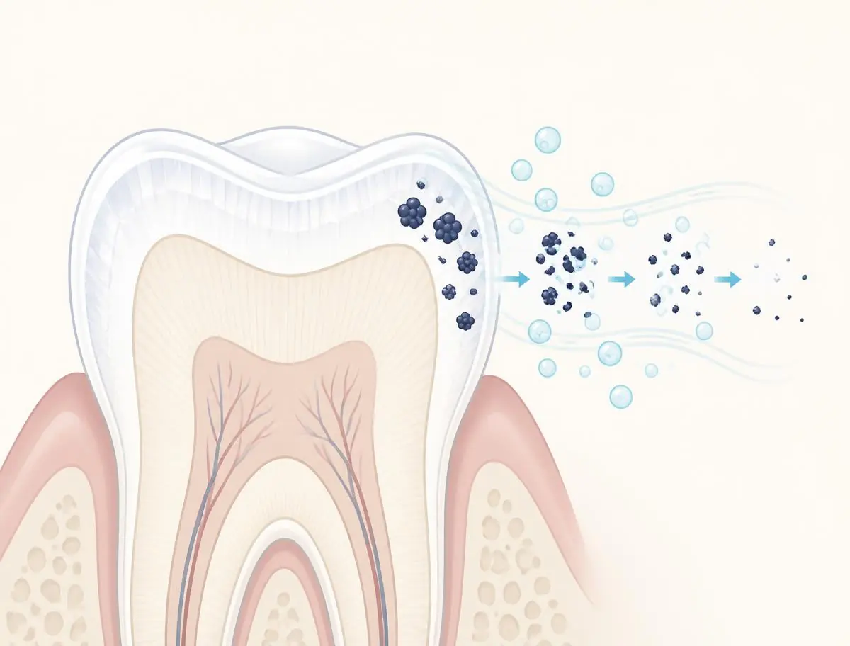 Diagram of a tooth cross-section showing stain molecules being broken apart by oxygen radicals within the enamel