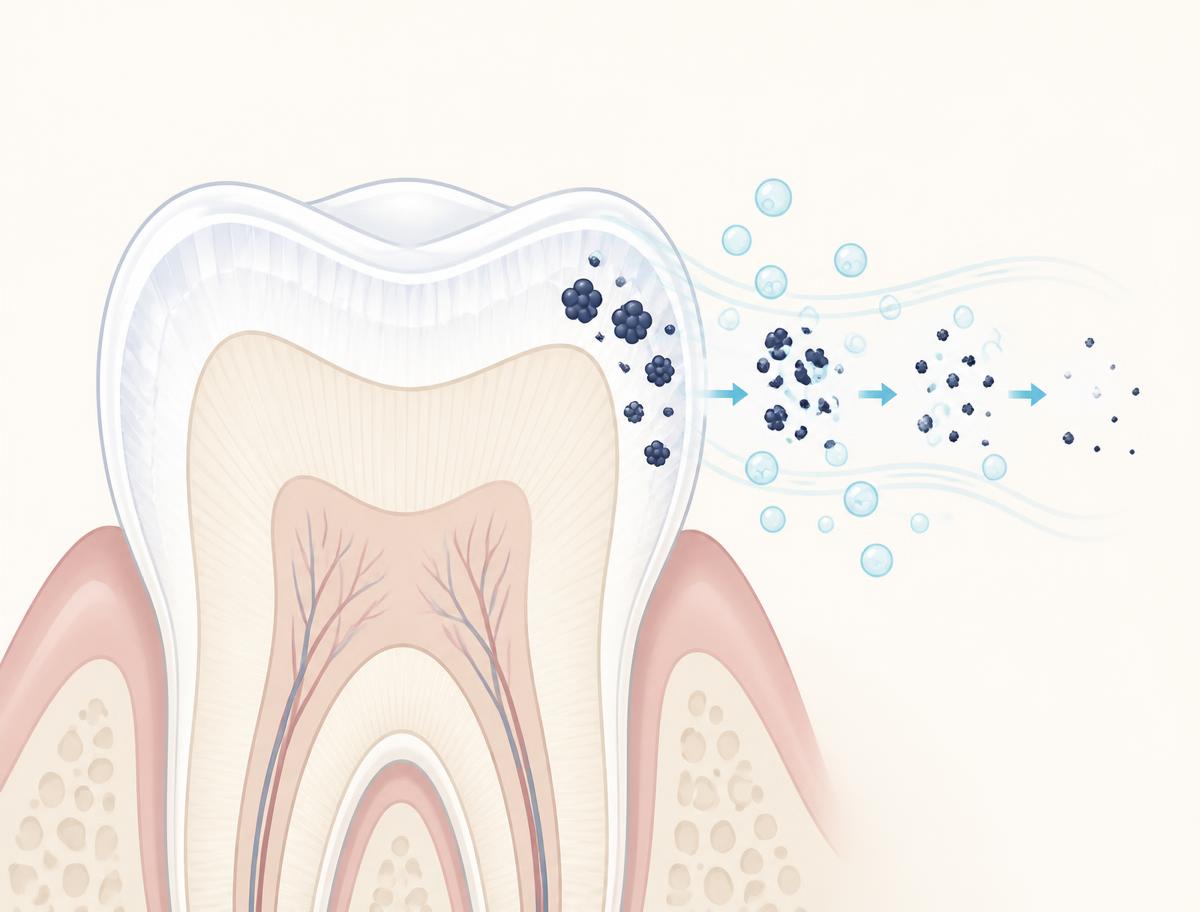 Diagram of a tooth cross-section showing stain molecules being broken apart by oxygen radicals within the enamel