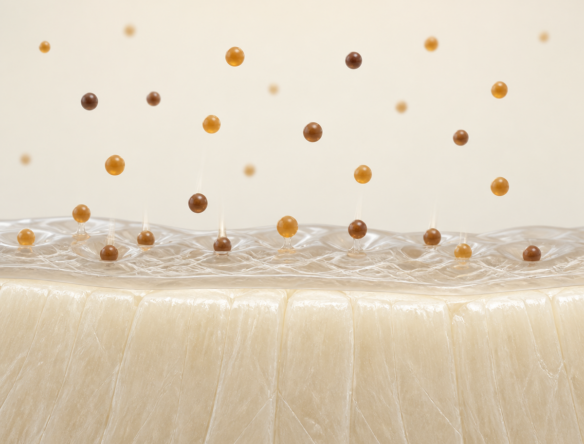 Illustration of a thin translucent protein film over enamel with pigment molecules binding to it